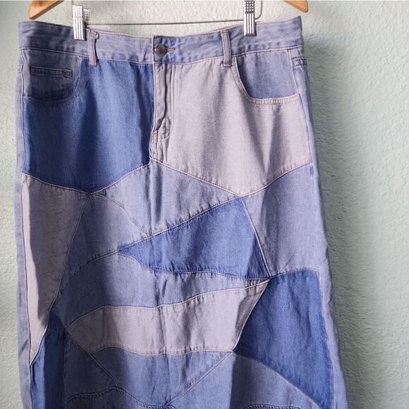 XPLUSWEAR distressed patchwork denim midi skirt - Picture 2 of 11